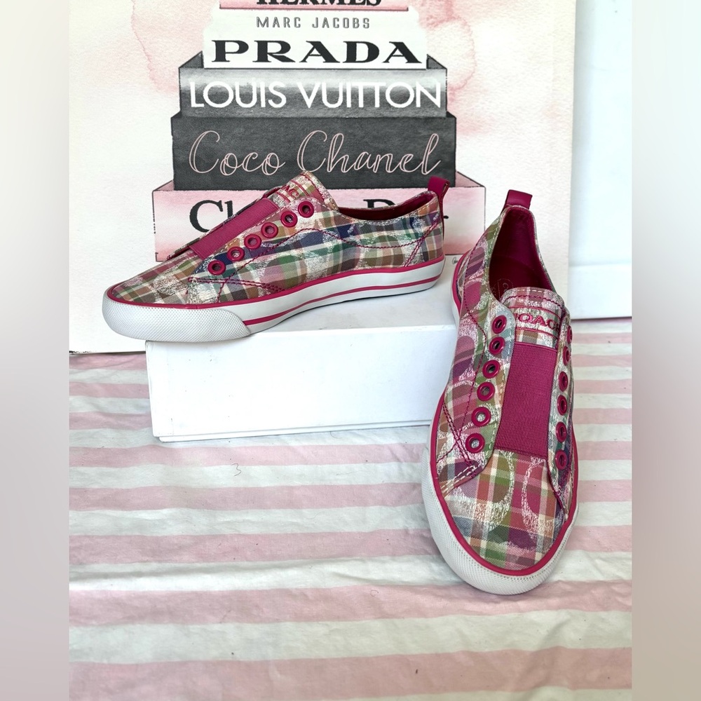 Coach Summer Poppy Beach Plaid Canvas Sneaker Pink Multicolor Madras Sz 5.5 NWOB